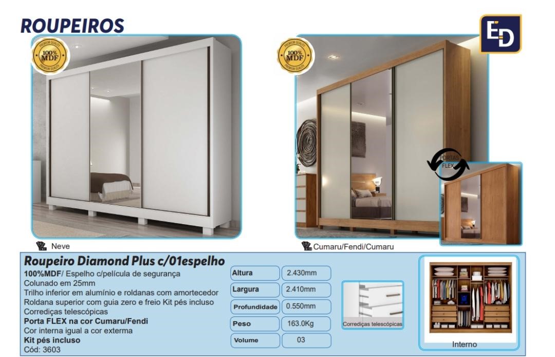 Roupeiro Diamond Plus c/ 1 Espelho
